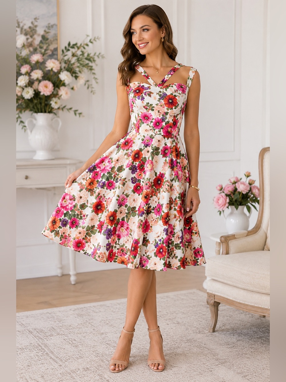 Hearts & Roses Floral Fit & Flare Dress Sz 8 Vintage-Inspired Garden Party